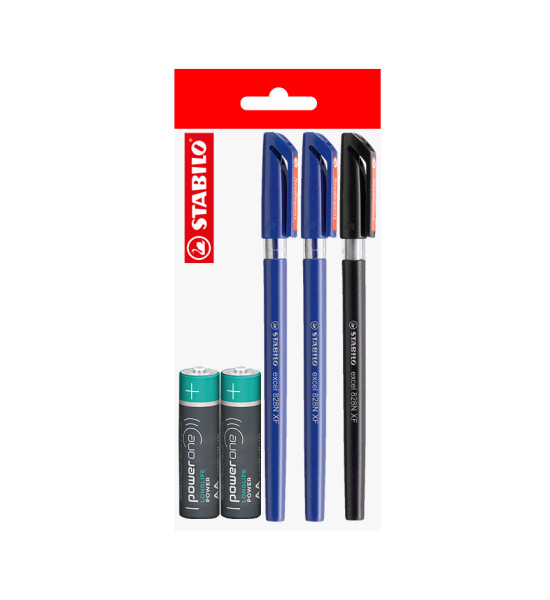 Pack: 3x Boligráfo Excel NXF STABILO + 2x Pilas AA POWER ONE, Pack x 5 Unds.